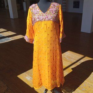 Orange/Copper/pink and gold sheer embroidered tunic top with 3-D appliqué